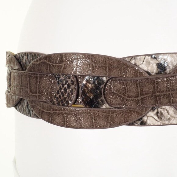 Chicos Brown Croc Embossed Leather Belt With Snake Print Accents Medium - Picture 4 of 7